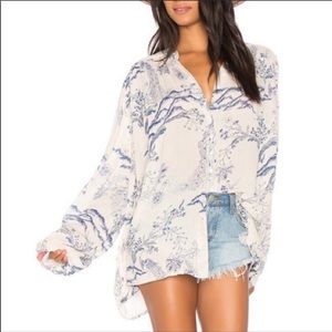 Free People Ivory Blue Toile Peacock Gauze Top XS